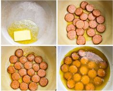 four pictures showing the process of making sausages and eggs in a pot with butter