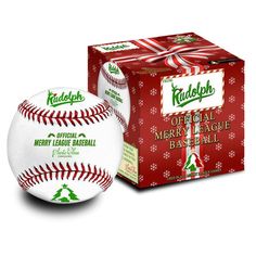 an official merry league baseball next to a box of christmas bauble candy on a white background