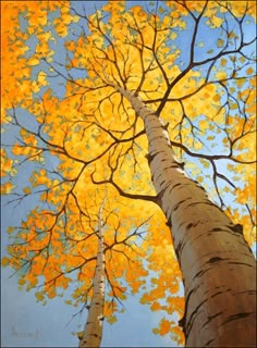 an oil painting of trees with yellow leaves