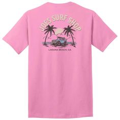 This men's beach t shirt sports a classic surf logo that reminisces of the 70s. It features the proud name "Joe's Surf Shop" arched above a serene beach tableau, where palm trees sway around an iconic woodie station wagon, the iconic surf-mobile. Beneath the scene, "Laguna Beach, CA" is emblazoned, grounding the design in the heart of California's surf culture. The graphic is rich with the spirit of the coast, evoking memories of salt air, surf wax, and endless summer days. Classic Heavyweight 6 Surf Shop Shirts, Laguna Hills California, Surf Wax, Surf Logo, Salt Air, Surf Culture, California Surf, Beach T Shirts, Summer Is Coming