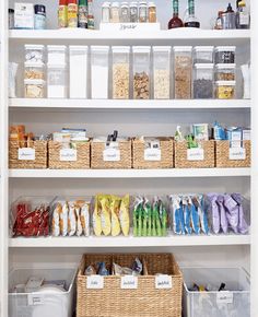 an organized pantry with baskets and food items