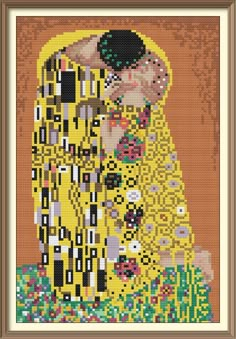 a cross stitch picture of a woman in a yellow dress with her hands on her head