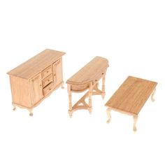 three pieces of furniture made out of wood on a white background, including a coffee table and two end tables