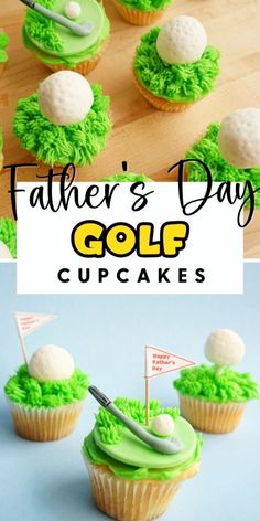 some cupcakes with green frosting and golf balls on them are sitting on a table