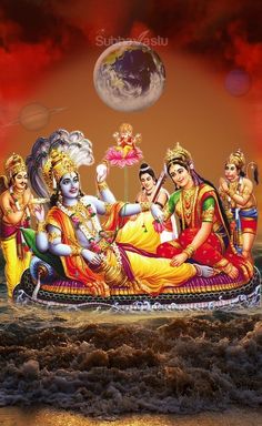 an artistic painting of deities sitting on a boat in the ocean