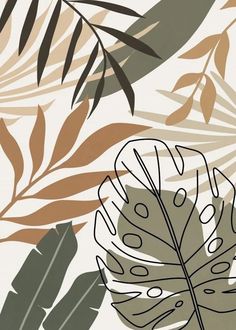 an illustration of leaves and plants on a white background with brown, green, beige and black colors