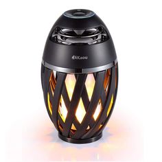 an image of a black speaker with lights on it's front and back sides