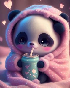 a panda bear with a drink in it's hand on top of a blanket