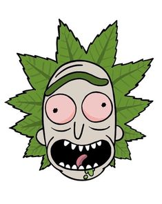 a cartoon head with green leaves on it's face and tongue sticking out from the side