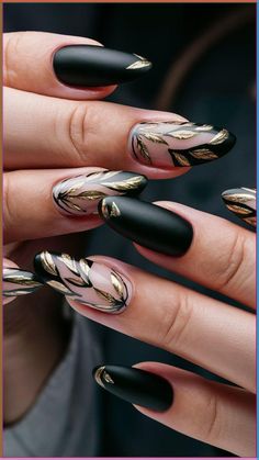 Embrace a touch of sophistication with these stunning long matte black nails featuring delicate golden leaf patterns! The matte finish offers a chic, modern vibe, while the intricate gold leaves add a nature-inspired elegance that’s perfect for fall or any season. Whether you're heading to a dinner party or simply want to elevate your everyday look, these nails are the perfect blend of trendy and timeless. Let your fingertips tell a story of style and grace! 💅🌿 Black Christmas Nails, Nails For 2023, Glamorous Birthday, Black Gold Nails, Birthday Nail Designs, Birthday Nail, Chic Birthday, Matte Black Nails, Leaf Patterns