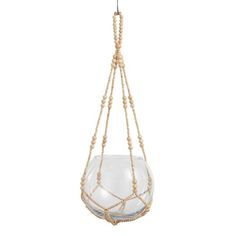 a glass vase with beads hanging from it's side on a roped hanger