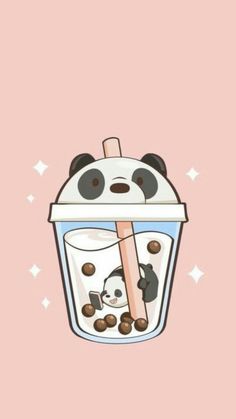 a panda bear in a cup with chocolate balls on the bottom and an ice cream stick sticking out of it