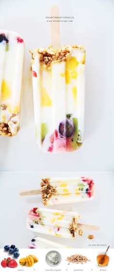 three popsicles with different toppings on them, one is made from ice cream and the other has fruit