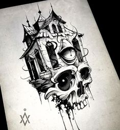 a drawing of a skull with a house on it