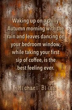 an image of a window with the words, waking up on a chilly autumn morning with the rain and leaves dancing on your bedroom window while taking your first sip of coffee