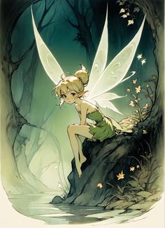 a fairy sitting on top of a tree branch next to a forest filled with leaves