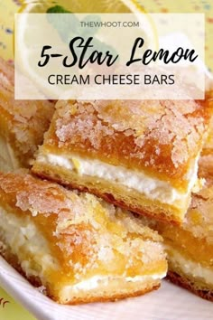 lemon cream cheese bars stacked on top of each other with the words, theycanva me