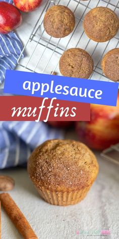 applesauce muffins on a cooling rack with cinnamon sticks and an apple in the background