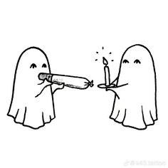 two cartoon ghost holding a lit candle in their hands, one is pointing at the other