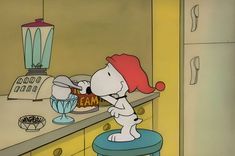 a cartoon character sitting on top of a stool in front of a counter with food