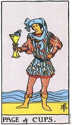 a taroti card with the rider holding a cup and an object in his hand