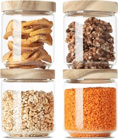 four glass jars filled with different types of nuts and cereals, each containing an individual's own snack