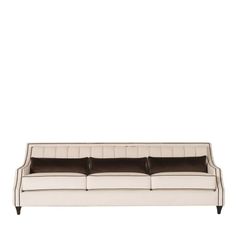 a white couch with black pillows on the top and bottom, in front of a white background