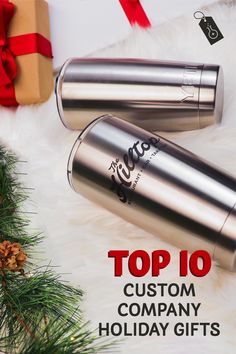 the top 10 custom company holiday gifts are on display in front of a christmas tree