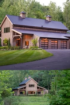 two pictures of a barn with an attached garage