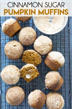 cinnamon sugar pumpkin muffins on a cooling rack