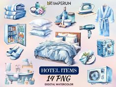 the hotel items are displayed in this watercolor painting style set, including an open refrigerator and bed