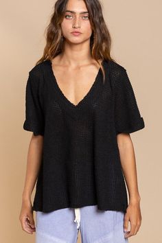 Just as chic as it is comfy, this effortless top is featured in a soft waffle knit fabrication with V neckline. half sleeve with an all around relaxed look. Length: 25" Bust:20 1/2" Relaxed fit- you can size down Kimono Sweater, Waffle Knit Top, Summer Ready, V Neckline, Two Piece Outfit, Waffle Knit, Kimonos, Black Media, Half Sleeve