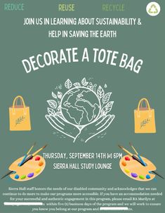 the poster for an earth day event with two bags and paintbrushes on it