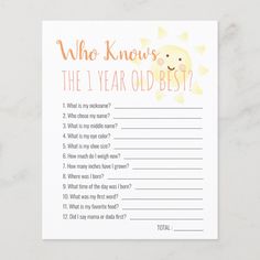 This cute "who knows the 1 year old best?" 1st/first birthday party game sheet features a white background with the smiling sun in watercolor. The reverse side features a white background with yellow stripes in watercolor. Personalize for your needs. You can find more matching products at my store. 1st Birthday Trivia, 1st Birthday Activities, Would He Rather, Sunshine Watercolor, First Birthday Game, Birthday Trivia, 1st Birthday Games, 1st Birthday Party Games, 1st Trip Around The Sun