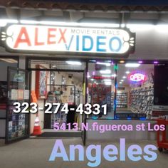 an advertisement for a movie rental in los angeles, ca with the name alex video on it