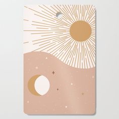 a poster with the sun and moon on it's side in pink, gold and white