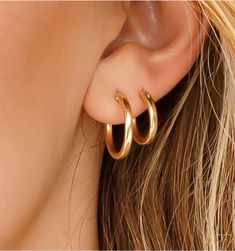 Gold Hoop Earrings Small Hoop Earrings Medium Minimal Hoop | Etsy Peircings Women Small Ear, Small Hoop 14k Gold-filled Earrings, Piercing Combos, Hoop Earrings Aesthetic, Hoop Earrings Medium, Minimal Hoop Earrings, Earrings Small Hoop, Crescent Moon Necklace Gold, Initial Bracelet Gold