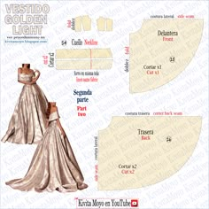 the sewing pattern for a gown is shown with instructions to sew and cut it