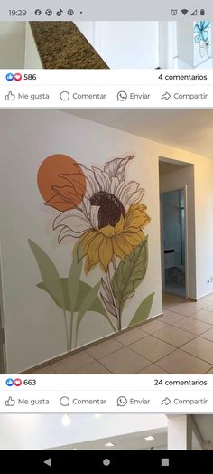 the wall is painted with sunflowers on it