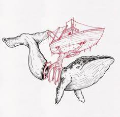 a drawing of a whale with a boat in the background and blood dripping from its mouth