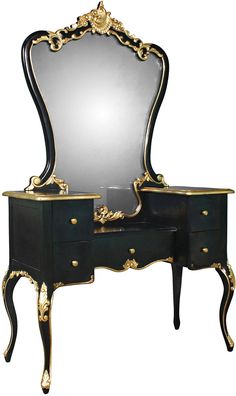 an ornate black and gold dresser with mirror on the top, in front of a white background