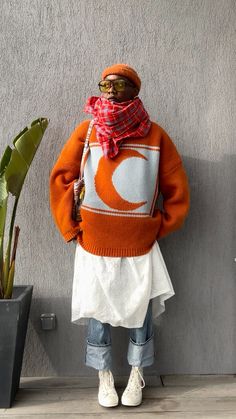 Styled this glorious Harvest Moon jumper by @slowloveknitwear! 🧡 Spiritual Style Fashion, Colorful Winter Fashion, Dresses Over Pants, Amazon Earrings, Jumper Outfits, Winter Streetstyle, Also Me, Street Style Bags, Jumper Outfit