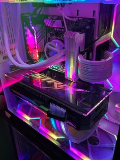 the inside of a computer case with neon lights