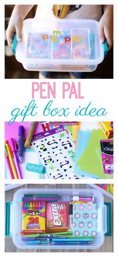 a collage of pictures with the words pen pal gift box idea