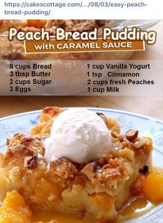 peach bread pudding with caramel sauce on a white and blue plate topped with ice cream