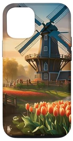 an image of a windmill and tulips