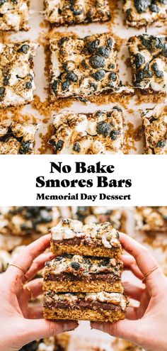 no bake s'mores bars are stacked on top of each other with the title above it