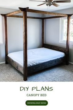 a canopy bed made out of wood with the words diy plans on it