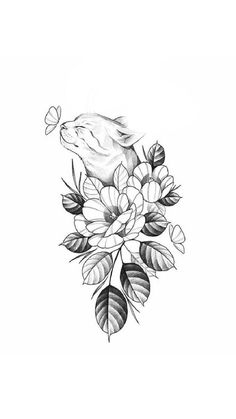 a black and white drawing of flowers with a rat on it's head in the middle