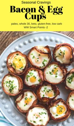 bacon and egg cups on a plate with text overlay